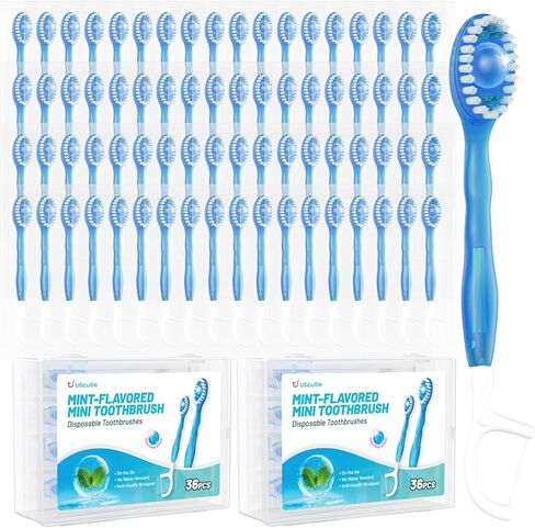 24 Pack 5-in-1 Disposable Toothbrushes with Toothpaste, Floss, Pick & Tongue Scraper, Portable Mini Toothbrush Travel Set for Kids Adults, Individually Wrapped, Work Camping, Mixed Flavor in Kuwait