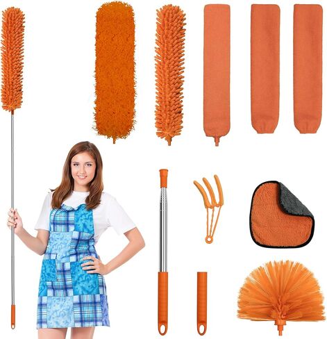 JEHONN Cobweb Duster with Extension Pole 96 inches, 8 PCS Extendable Long Handle Microfiber Feather Dust Remover, Telescoping Dusting Kit for Cleaning High Ceiling Fan, AC Vent House Exterior in Kuwait