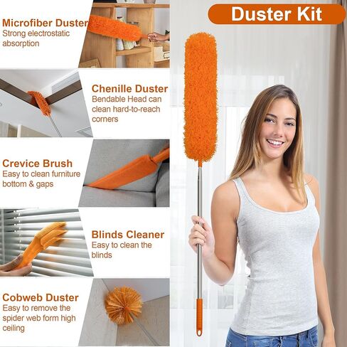 JEHONN Cobweb Duster with Extension Pole 96 inches, 8 PCS Extendable Long Handle Microfiber Feather Dust Remover, Telescoping Dusting Kit for Cleaning High Ceiling Fan, AC Vent House Exterior in Kuwait