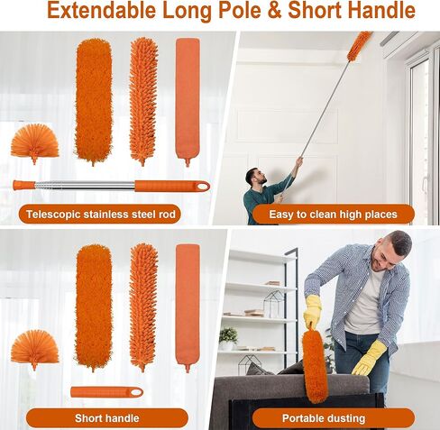 JEHONN Cobweb Duster with Extension Pole 96 inches, 8 PCS Extendable Long Handle Microfiber Feather Dust Remover, Telescoping Dusting Kit for Cleaning High Ceiling Fan, AC Vent House Exterior in Kuwait