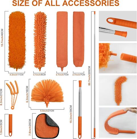 JEHONN Cobweb Duster with Extension Pole 96 inches, 8 PCS Extendable Long Handle Microfiber Feather Dust Remover, Telescoping Dusting Kit for Cleaning High Ceiling Fan, AC Vent House Exterior in Kuwait