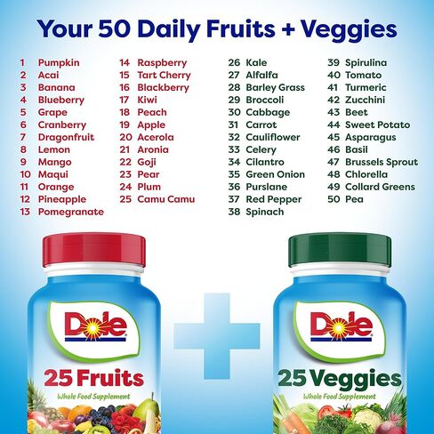 Dole Daily Fruits and Veggies Supplement - Whole Food Plant-Based Nutrition with 25 Fruits + 25 Vegetables, 12 Essential Vitamins & Minerals, Antioxidant Superfoods, 180 Capsules (2 Pack) in Saudi Arabia
