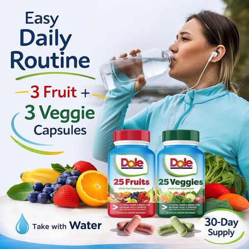 Dole Daily Fruits and Veggies Supplement - Whole Food Plant-Based Nutrition with 25 Fruits + 25 Vegetables, 12 Essential Vitamins & Minerals, Antioxidant Superfoods, 180 Capsules (2 Pack) in Saudi Arabia