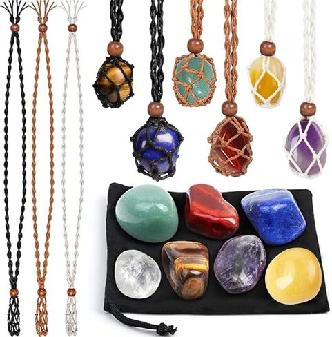 6 قطع من أقفاص القلادة الكريستالية القابلة للتعديل مع 7 كريستالات الشاكرا ومجموعة أحجار الشفاء، لصنع المجوهرات والتأمل اليوجا (7 أحجار متساقطة + 6 قطع حبل) in Kuwait