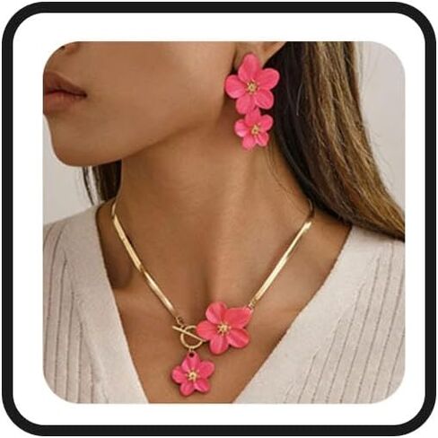 Atiptu Boho Flower Earrings Necklace Set White Flower Necklace for Women Statement Floral Dangle Earrings Spring Trendy Jewelry Dresses in Saudi Arabia