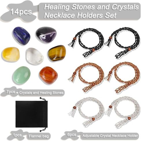 6 قطع من أقفاص القلادة الكريستالية القابلة للتعديل مع 7 كريستالات الشاكرا ومجموعة أحجار الشفاء، لصنع المجوهرات والتأمل اليوجا (7 أحجار متساقطة + 6 قطع حبل) in Kuwait