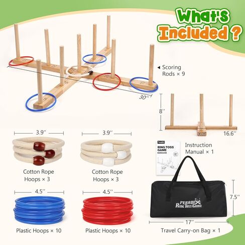 لعبة الرمي الدائري للأطفال من بيراديكس، عطلة ممتعة في الداخل والخارج، إعداد سهل وتمديد مغناطيسي، ألعاب ساحة العشب في الهواء الطلق للبالغين وحفلات العائلة والفناء الخلفي والشاطئ خارج اللعبة، 26 حلقة وحقيبة حمل in Kuwait
