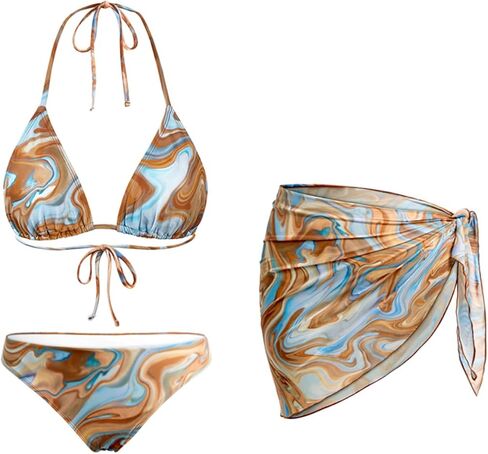 Women's 3 Piece Sexy Triangle Bikini Set with Sheer Mesh Sarong Cover Up - Halter Swimsuit for Beach Vacation 2026 in Saudi Arabia
