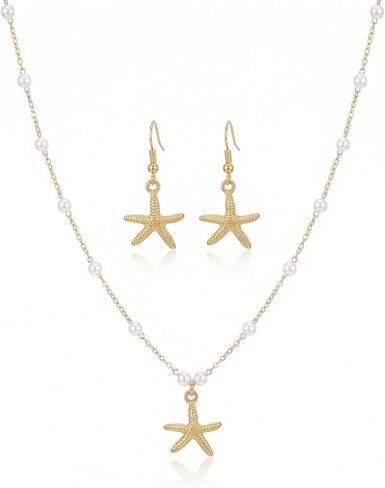 RINHOO FRIENDSHIP Sea Starfish Necklace Earrings Set For Women Dangle Golden Pearl Necklaces Summer Vacation Fashion Jewelry Set in Kuwait