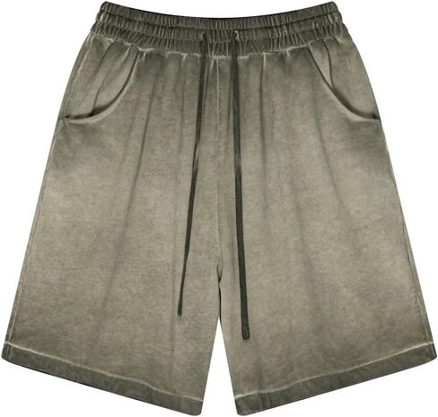 Mens Vintage Acid Wash Cotton Shorts Breathable Casual Loose Fit Elastic Waist Drawstring Shorts with Pockets in Saudi Arabia