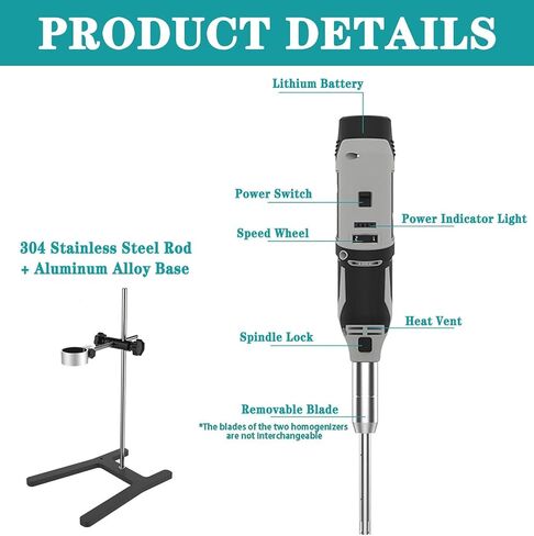 Handheld Lab Homogenizer High Speed Disperser Emulsifier Mixer 6 Speed Level from 0 to 25 000rpm 316 Stainless Steel 10mm Probe for 5-250ml Sample Max Viscosity 5000mPas with Stand in Saudi Arabia