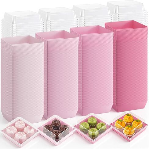 60 Pack Pink Small Charcuterie Boxes with Clear Lids 4.7x4.7 Inch, Disposable Paper Food Containers Dessert Bakery Treat Boxes for Cookies, Cupcake, Slice Cake, Strawberries (4.7'' X 4.7'') in Saudi Arabia