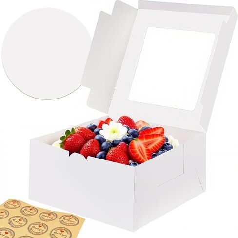 صندوق كيك مقاس 8 × 8 × 4 بوصة مع ألواح كيك، 12 عبوة سهلة التجميع صناديق مخبز مقاس 8 بوصة مع نافذة، صناديق معجنات بيضاء للسلع المخبوزة، تغليف المخبوزات للفحم، أساسيات أعمال المخابز المنزلية in Kuwait