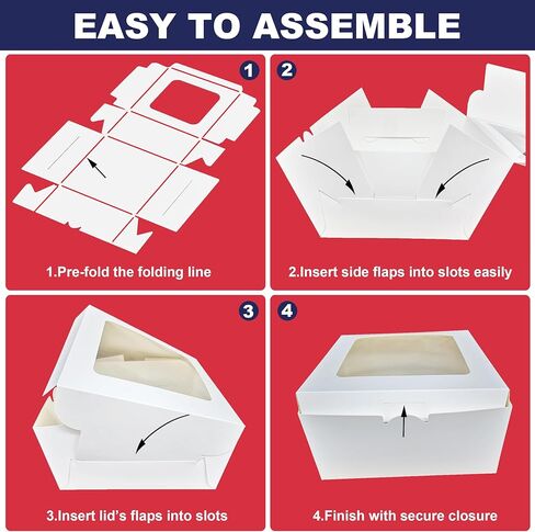 صندوق كيك مقاس 8 × 8 × 4 بوصة مع ألواح كيك، 12 عبوة سهلة التجميع صناديق مخبز مقاس 8 بوصة مع نافذة، صناديق معجنات بيضاء للسلع المخبوزة، تغليف المخبوزات للفحم، أساسيات أعمال المخابز المنزلية in Kuwait
