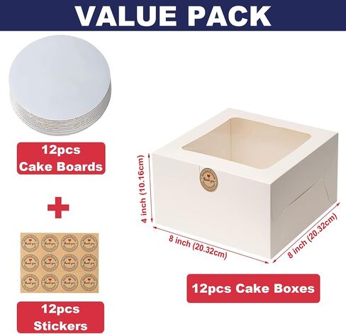 صندوق كيك مقاس 8 × 8 × 4 بوصة مع ألواح كيك، 12 عبوة سهلة التجميع صناديق مخبز مقاس 8 بوصة مع نافذة، صناديق معجنات بيضاء للسلع المخبوزة، تغليف المخبوزات للفحم، أساسيات أعمال المخابز المنزلية in Kuwait
