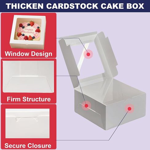 صندوق كيك مقاس 8 × 8 × 4 بوصة مع ألواح كيك، 12 عبوة سهلة التجميع صناديق مخبز مقاس 8 بوصة مع نافذة، صناديق معجنات بيضاء للسلع المخبوزة، تغليف المخبوزات للفحم، أساسيات أعمال المخابز المنزلية in Kuwait