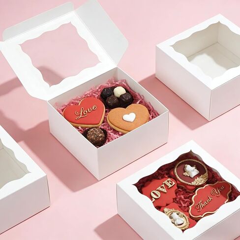 50pcs Cookie Boxes 5x5x2.5 Inches Bakery Boxes with Window Treat Box Dessert Box for Pastry Strawberries Chocolate Mini Cake Donuts - White in Saudi Arabia