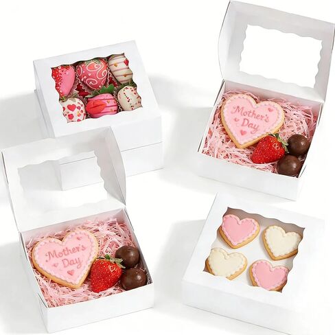 50pcs Cookie Boxes 5x5x2.5 Inches Bakery Boxes with Window Treat Box Dessert Box for Pastry Strawberries Chocolate Mini Cake Donuts - White in Saudi Arabia