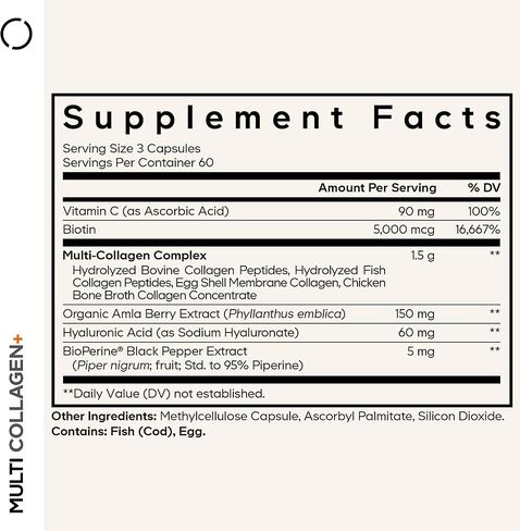 Codeage Multi Collagen + مكمل مع فيتامين C، البيوتين 5000 ميكروجرام، حمض الهيالورونيك، Amla Berry، BioPerine - 5 أنواع من الكولاجين الذي يتم تغذيته على العشب، والمراعي - كمية تكفي لمدة شهرين - غير معدلة وراثيًا - 180 كبسولة in Saudi Arabia