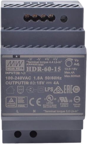 HDR-60-15 60W 15V 4A DIN مزود طاقة السكك الحديدية، عرض نحيف للغاية 52.5 مم، مدخل واسع 85-264VAC، درجة صناعية لـ PLC، محاور المنزل الذكي in Kuwait