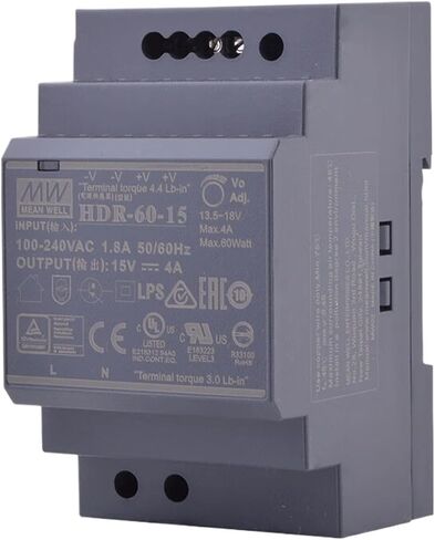 HDR-60-15 60W 15V 4A DIN مزود طاقة السكك الحديدية، عرض نحيف للغاية 52.5 مم، مدخل واسع 85-264VAC، درجة صناعية لـ PLC، محاور المنزل الذكي in Kuwait