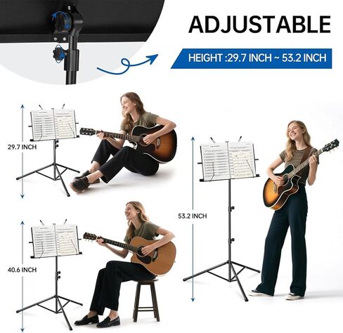 MOSEN Sheet Music Stand - Heavy Duty Music Stands Adjustable Tripod Stand with Carrying Bag, Clip Holder, Portable Book Holder for Practice & Performance, Unfolds In Seconds, Black in Kuwait
