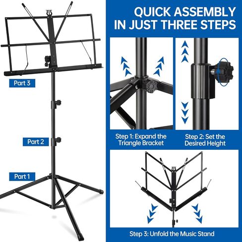 MOSEN Sheet Music Stand - Heavy Duty Music Stands Adjustable Tripod Stand with Carrying Bag, Clip Holder, Portable Book Holder for Practice & Performance, Unfolds In Seconds, Black in Kuwait