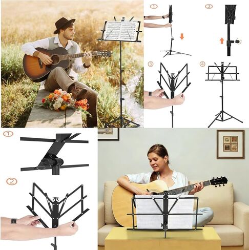 MOSEN Sheet Music Stand - Heavy Duty Music Stands Adjustable Tripod Stand with Carrying Bag, Clip Holder, Portable Book Holder for Practice & Performance, Unfolds In Seconds, Black in Kuwait