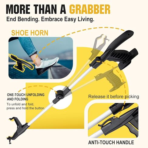 أداة Grabber Reacher مقاس 32 بوصة، عبوة من قطعتين قابلة للطي أداة التقاط Reacher Grabber مع قرن الحذاء، أداة التقاط القمامة العلوية، هدايا خالية من الانحناء لكبار السن in Kuwait