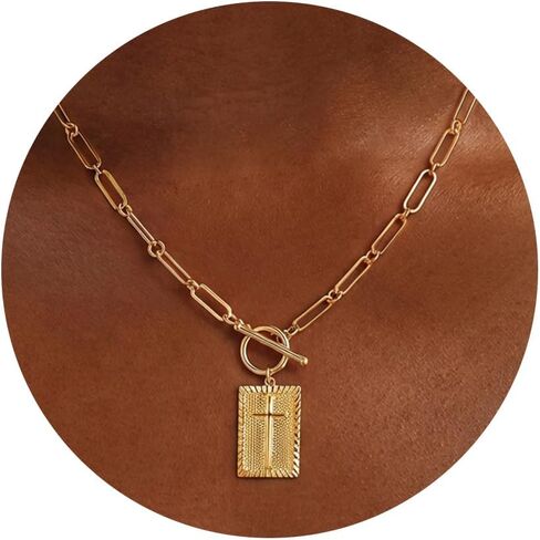 Moodear Gold/Sliver Cross Pendant Necklace for Women Trendy Chunky Cross Necklace Toggle Clasp Paperclip Chain Dainty Charm Necklace for Women Fashion Religious Simple Jewelry Gift in Kuwait