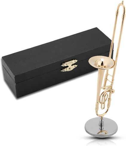 HERCHR Miniature Trombone, 6.3 * 1.6 * 1.6in Gold Plated Instrument Model Musical Ornaments Replica Creative Handcrafts with Stand and Case for Office Home Living Room in Saudi Arabia