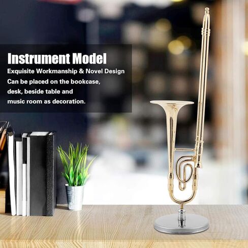 HERCHR Miniature Trombone, 6.3 * 1.6 * 1.6in Gold Plated Instrument Model Musical Ornaments Replica Creative Handcrafts with Stand and Case for Office Home Living Room in Saudi Arabia