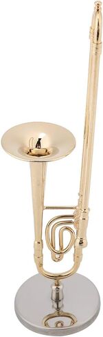 HERCHR Miniature Trombone, 6.3 * 1.6 * 1.6in Gold Plated Instrument Model Musical Ornaments Replica Creative Handcrafts with Stand and Case for Office Home Living Room in Saudi Arabia