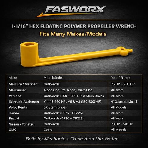 FASWORX Floating Propeller Wrench 1-1/16" (27mm) - Fits MerCruiser Alpha/Bravo, Yamaha, Honda, Suzuki, Volvo Penta - Replaces 91-859046Q4, 859046T4, Sierra 18-4459 - Yellow in Kuwait