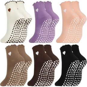 6 Pairs Cute Pilates Socks with Grips, Non Slip Grip Ruffle Heart Yoga Socks Barre Sock for Women Girls, black, white, brown, coffee, pink, purple in Saudi Arabia