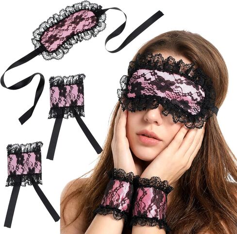 Blindfolds, Sleep Mask and Hand Ties, Pink Black Blind Folds for Adult Play, Lace Blackout Sleeping Eye Mask Cover, Blindfold for Adults Couples Valentines Day Gift for Girlfriend Wife in Saudi Arabia