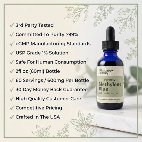 الميثيلين الأزرق | 1% من الدرجة الصيدلانية لدستور الأدوية الأمريكي (10 مجم/مل) | سائل عالي النقاء 2 أونصة سائلة (60 حصة) | يدعم الطاقة الخلوية والتركيز والوظيفة الإدراكية | يدعم الميتوكوندريا in Kuwait