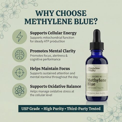 الميثيلين الأزرق | 1% من الدرجة الصيدلانية لدستور الأدوية الأمريكي (10 مجم/مل) | سائل عالي النقاء 2 أونصة سائلة (60 حصة) | يدعم الطاقة الخلوية والتركيز والوظيفة الإدراكية | يدعم الميتوكوندريا in Kuwait