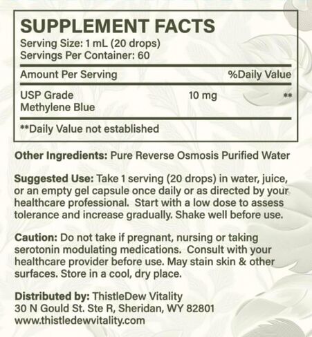 الميثيلين الأزرق | 1% من الدرجة الصيدلانية لدستور الأدوية الأمريكي (10 مجم/مل) | سائل عالي النقاء 2 أونصة سائلة (60 حصة) | يدعم الطاقة الخلوية والتركيز والوظيفة الإدراكية | يدعم الميتوكوندريا in Kuwait