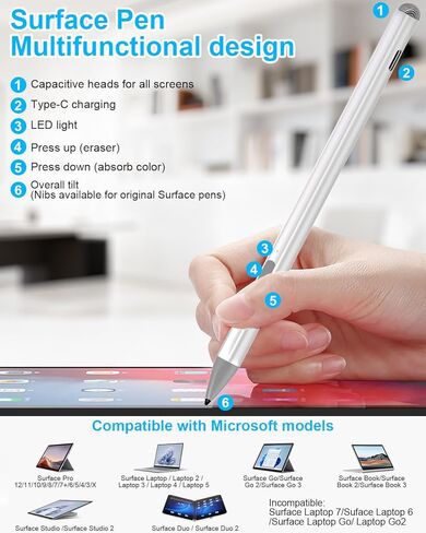 قلم Surface Pro 9/8/7/6/5/X لجهاز Microsoft - قلم Surface Pro/Go/Book/Laptop/Studio مع حساسية الضغط 4096 ورفض راحة اليد، ملحق مغناطيسي قابل لإعادة الشحن، قلم Windows Surface الرقمي in Kuwait