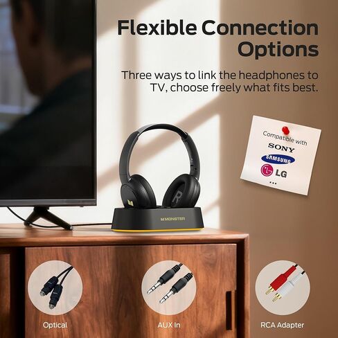 سماعات Monster TVlink 300 اللاسلكية، سماعات تلفزيون لاسلكية لكبار السن مع قاعدة شحن جهاز الإرسال، سماعات فوق الأذن مع بلوتوث 5.3، وقت تشغيل 45 ساعة، بدون تأخير صوت، ملاءمة مريحة in Kuwait