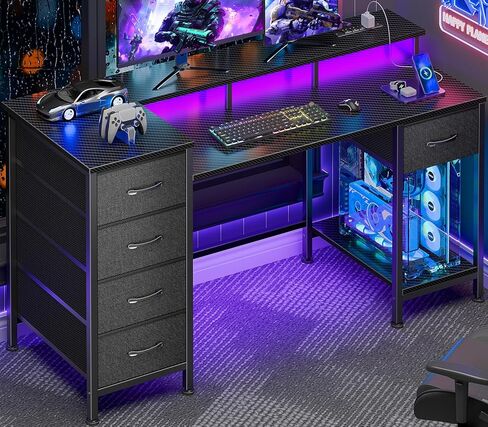 47 Inch Computer Gaming Desk with Power Outlets & LED Lights Reversible Home Office Desk with Adjustable 5 Fabric Storage Drawers for Working Writing Study, Carbon Fiber Black in Kuwait
