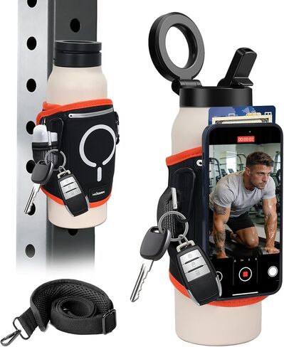 Magnetic Gym Water Bottle Bag & Holder with Magnetic Phone Pocket, Keys & Bluetooth Earphone Storage, Gym Accessories Organizer with Card & Cash Pocket in Kuwait