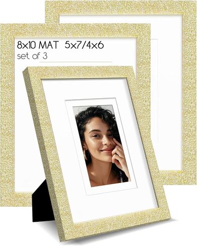 8x10 Glitter Picture Frame Set of 3, Stylish Sparkling Photo Frames with 5x7/4x6 Mat, Solid Wood and Real Glass for Tabletop or Wall Mount, Cute Home Office Decor, Pink in Saudi Arabia