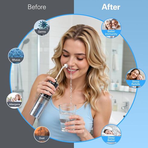 Electric Neti Pot Sinus Rinse, Cordless Nasal Irrigation System with 60 Saline Packets， Foldable Nasal Rinse Bottle Machine for Snoring Remedy Relief IPX7 Waterproof in Saudi Arabia