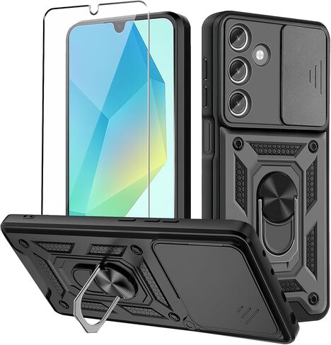 حافظة لهاتف Xiaomi Poco X7 Pro 5G مع واقي شاشة من الزجاج المقسى، وغطاء هاتف خلوي مقاوم للسقوط مع مسند ومنزلق | حافظة هاتف متينة وشديدة التحمل - أسود in Kuwait