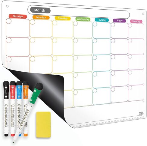 Mag-Fancy Dry Erase Calendar Kit- Magnetic Calendar for Refrigerator - Monthly Fridge Calendar Whiteboard with Extra-Thick Magnet Included 5 Marker & Eraser & Adhesive Hooks for Wall Hanging in Kuwait