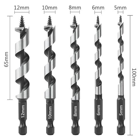 5Pcs 5/6/8/10/12mm Woodworking Ship Auger Drill Bit Set 1/4'' Hex Quick Change Shank HCS for Soft Hard Wood Hole Saw in Saudi Arabia