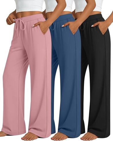 3 Pack Women's Wide Leg Lounge Pants, Loose Drawstring Yoga Sweatpants with Pockets Casual Cozy Pajama Jogger Pants in Saudi Arabia