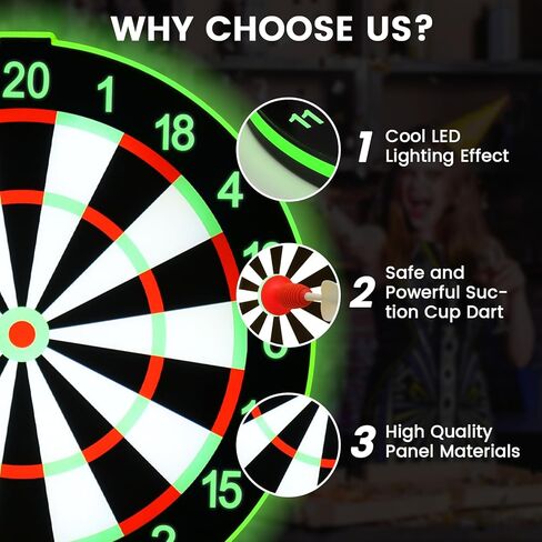LED Light Up Dart Board with 6 Safe Suction Cup Darts, LED Dartboard with Backlight, Includes Dart Stand, Excellent Indoor Game, Party Games, Bar Games, Family Fun, Room Wall Decor in Saudi Arabia